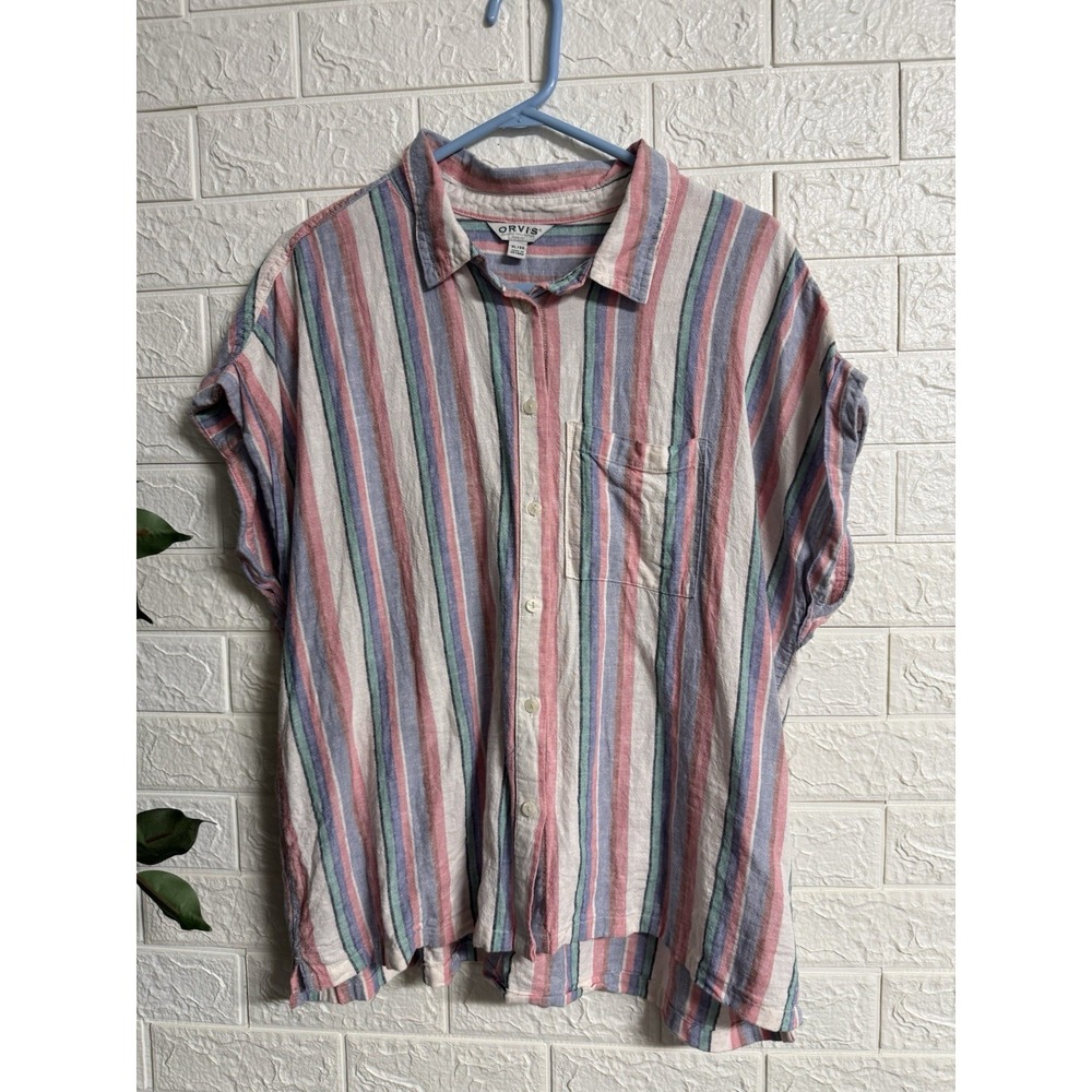 ORVIS Womens Shirt Size XL Striped Linen Blend Coastal Short Sleeve Button Up
